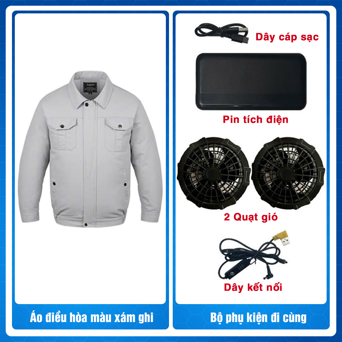 Áo điều hòa màu xám [2 Áo + 1 Phụ kiện] Pin công nghệ chống trai 28.000mAh(10 - 20h), Quạt 22V Tubo siêu khỏe